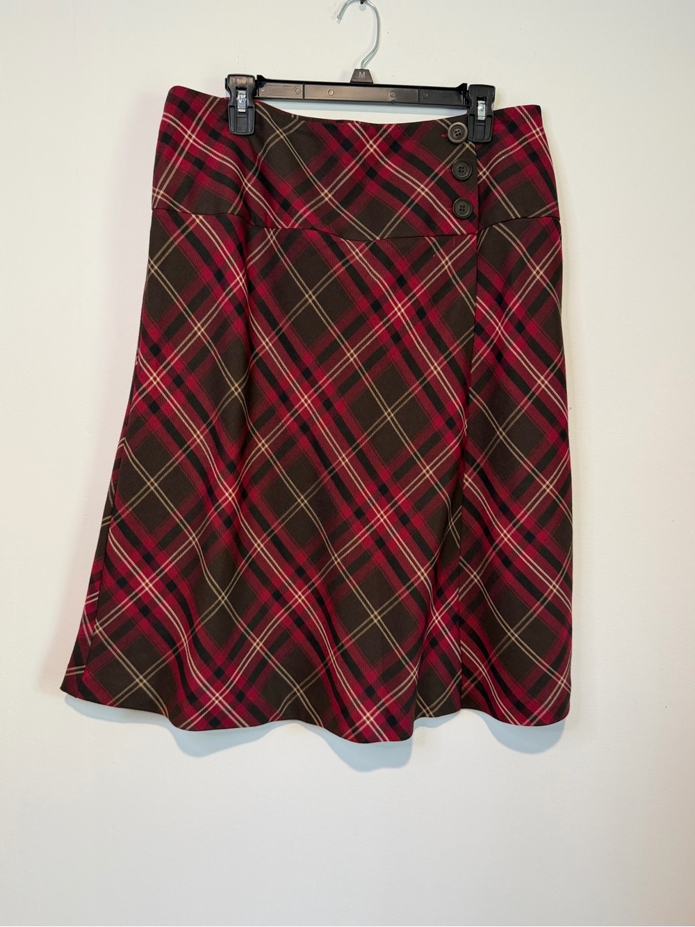 East 5th Plaid A-Line Midi Skirt Red Brown Button Detail Plus Size 16 Academia